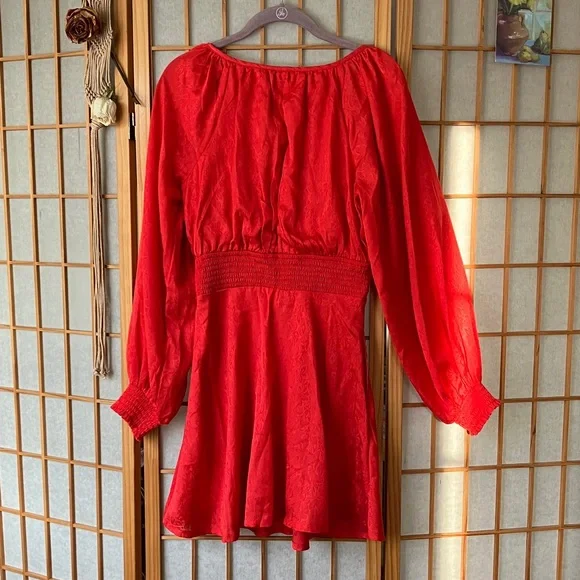 NWOT Urban Outfitters Small Vibrant Red Long-Sleeved Silky Dress - Picture 6 of 7